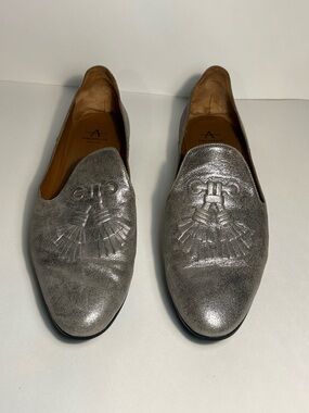 Aquatalia Metallic Silver Tassel Women’s Loafers, 8.5